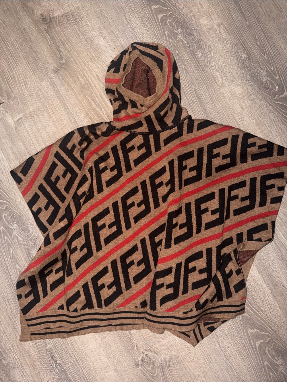 KIDS Fendi Zucca Brown, Black & Red Logo Knit Hooded Poncho SIZE III (8-12 kids)